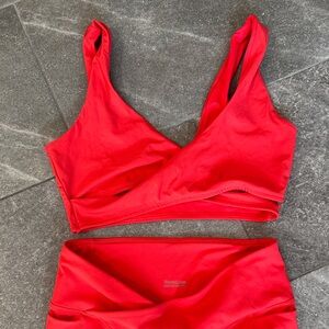 Fabletics Red Wrap Sports Bra and leggings Set